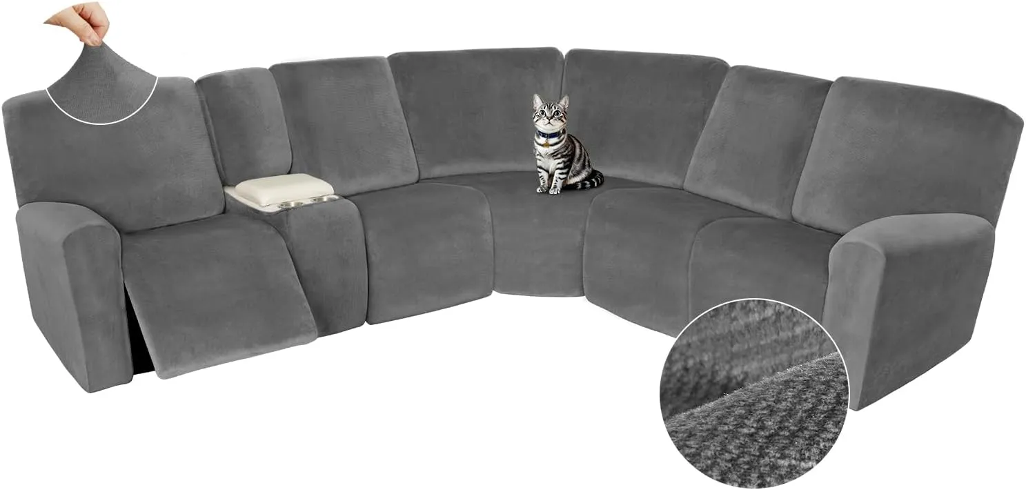 Arfntevss Sectional Recliner Couch Covers Velvet Washable Corner Sectional Sofa Cover for Reclining Couch Stretch Soft Thick L Shape Recliner Slipcover Set (5 Seat with 1 Console Cover, Light Gray)