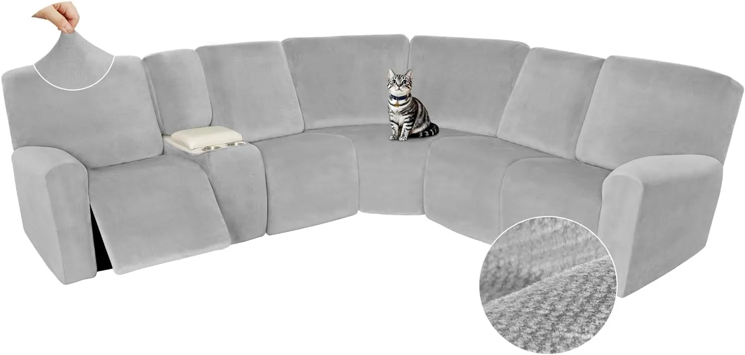 Arfntevss Sectional Recliner Couch Covers Velvet Washable Corner Sectional Sofa Cover for Reclining Couch Stretch Soft Thick L Shape Recliner Slipcover Set (5 Seat with 1 Console Cover, Silvery Gray)