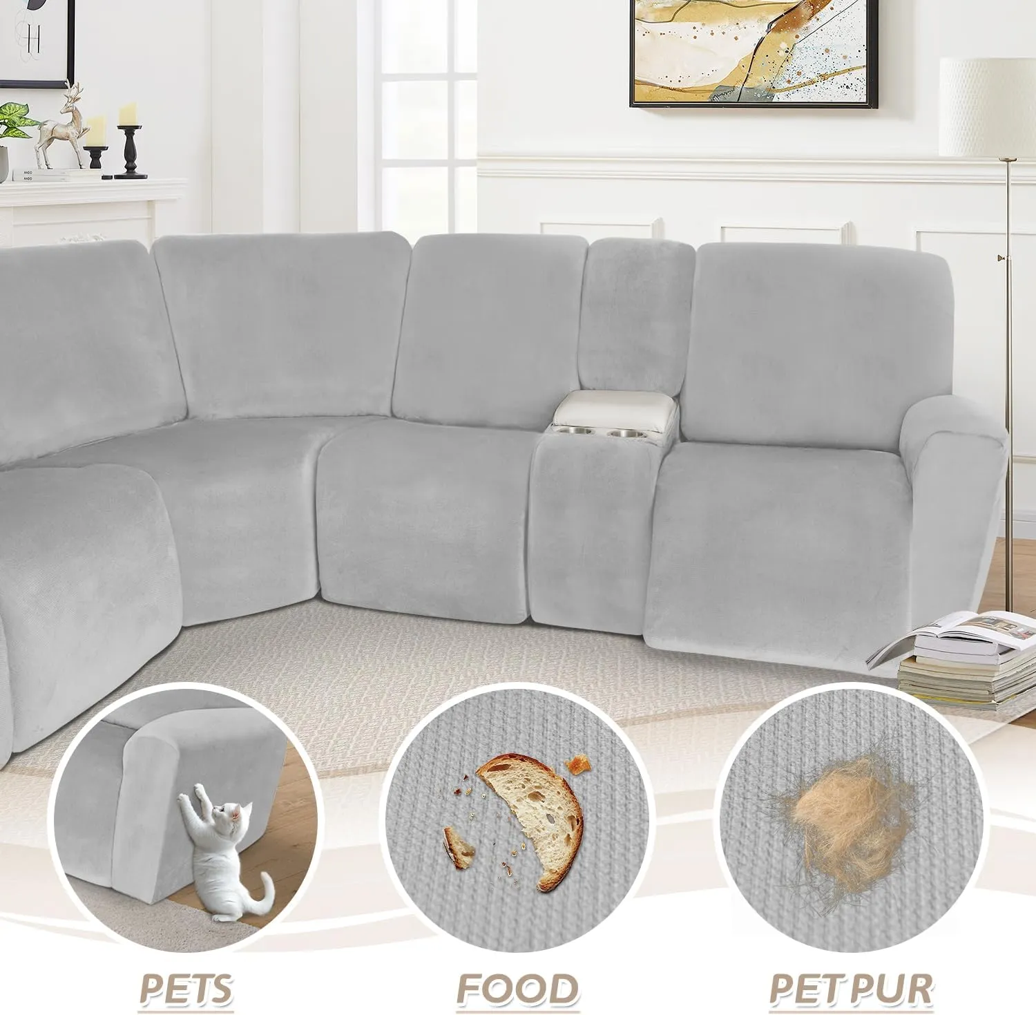 Arfntevss Sectional Recliner Couch Covers Velvet Washable Corner Sectional Sofa Cover for Reclining Couch Stretch Soft Thick L Shape Recliner Slipcover Set (5 Seat with 1 Console Cover, Silvery Gray)