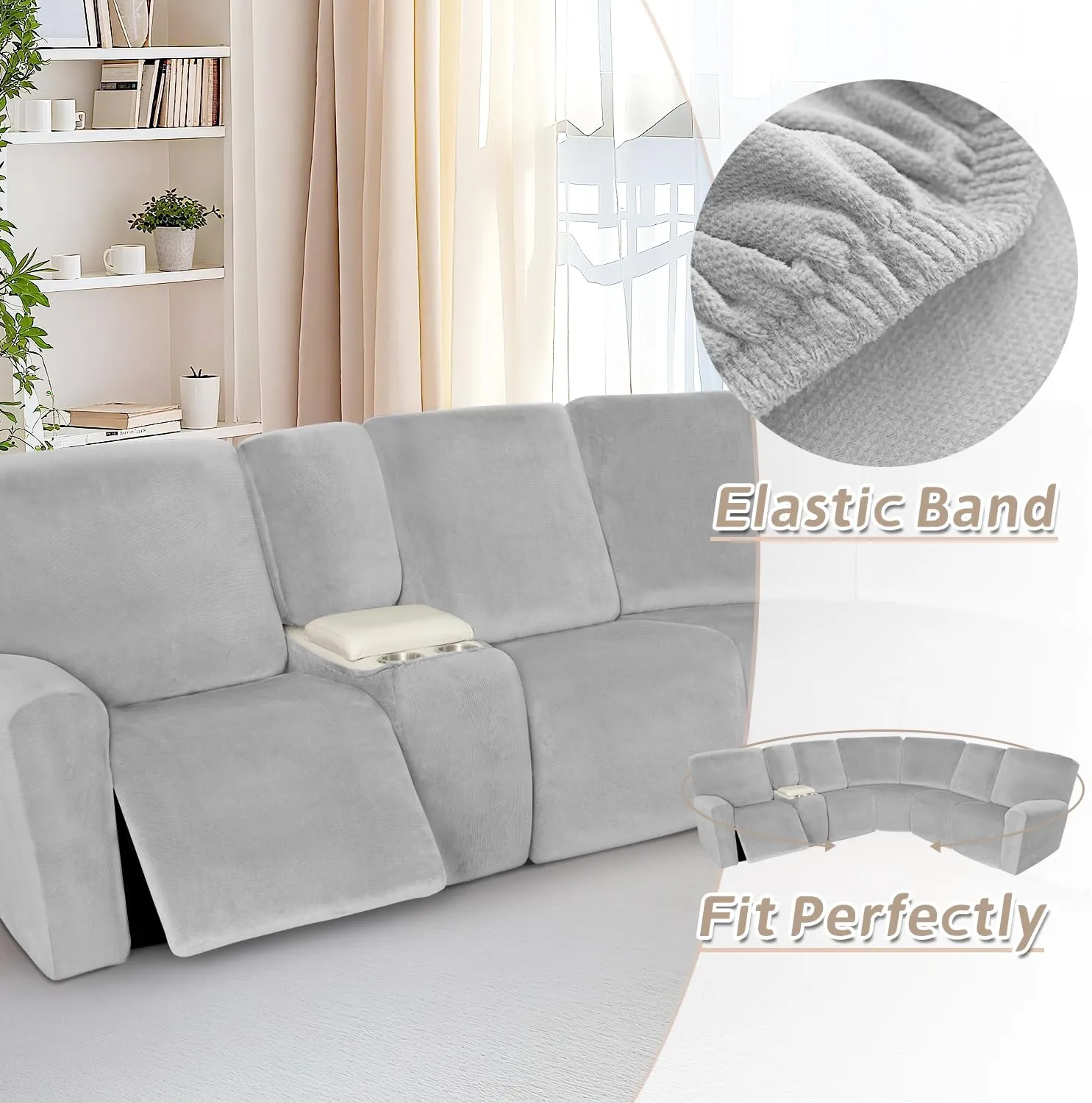Arfntevss Sectional Recliner Couch Covers Velvet Washable Corner Sectional Sofa Cover for Reclining Couch Stretch Soft Thick L Shape Recliner Slipcover Set (5 Seat with 1 Console Cover, Silvery Gray)