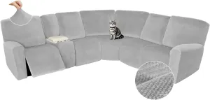 Arfntevss Sectional Recliner Couch Covers Velvet Washable Corner Sectional Sofa Cover for Reclining Couch Stretch Soft Thick L Shape Recliner Slipcover Set (5 Seat with 1 Console Cover, Silvery Gray)