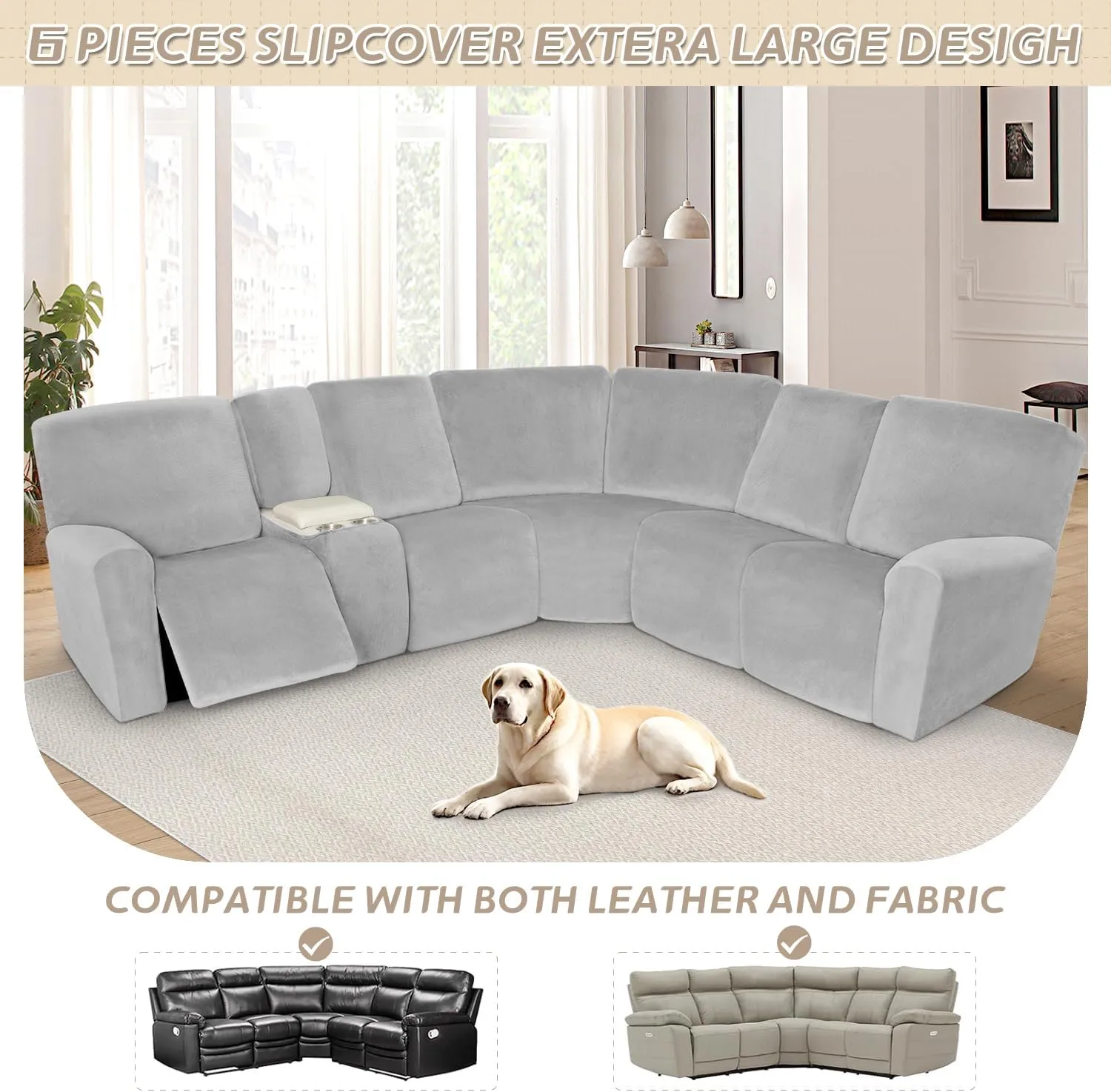 Arfntevss Sectional Recliner Couch Covers Velvet Washable Corner Sectional Sofa Cover for Reclining Couch Stretch Soft Thick L Shape Recliner Slipcover Set (5 Seat with 1 Console Cover, Silvery Gray)