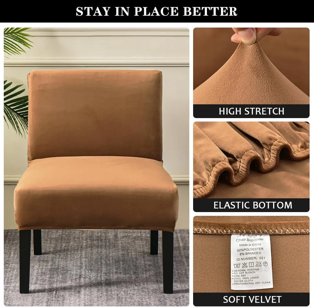 Armless Accent Chair Covers, Stretch Armless Chair Slipcover Velvet Armless Chair Covers Furniture Protector for Living Room Bedroom (Camel)