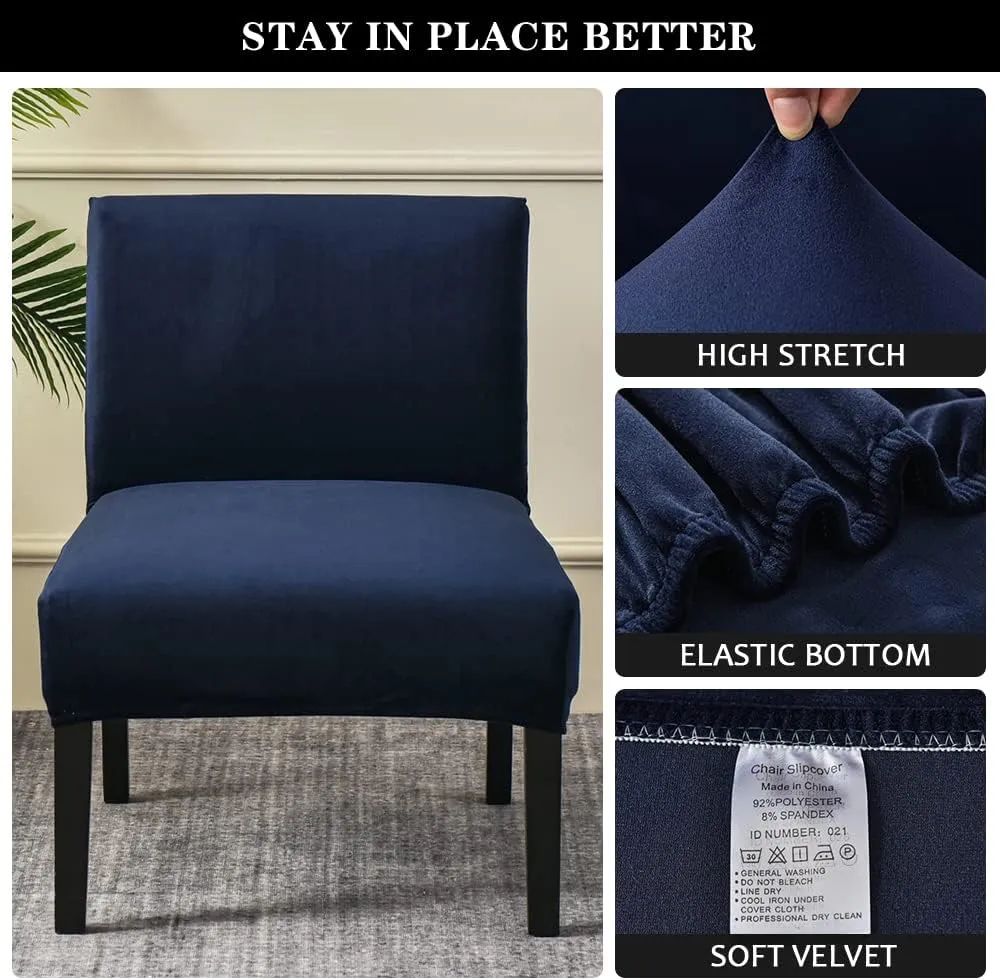Armless Accent Chair Covers, Stretch Armless Chair Slipcover Velvet Armless Chair Covers Furniture Protector for Living Room Bedroom (Dark Blue)