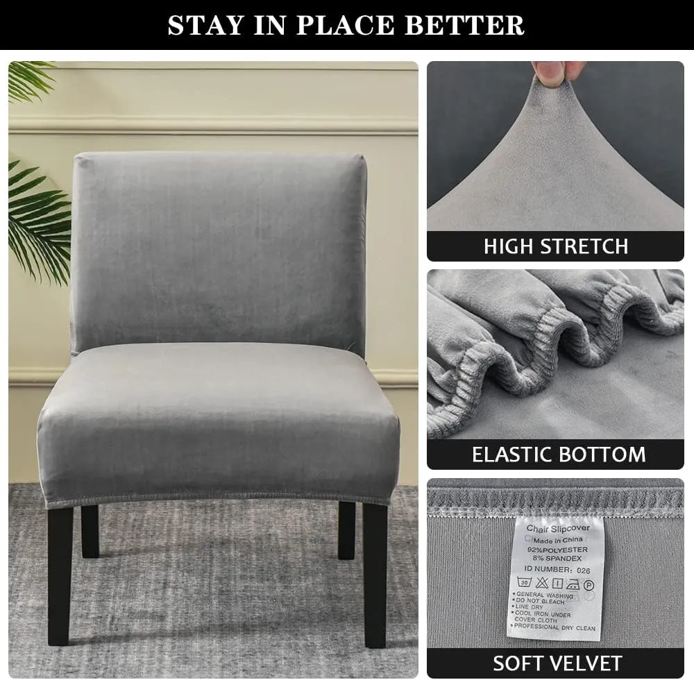 Armless Accent Chair Covers, Stretch Armless Chair Slipcover Velvet Armless Chair Covers Furniture Protector for Living Room Bedroom (Grey)