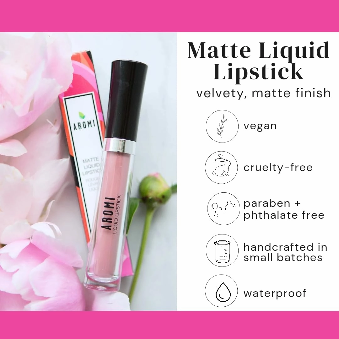 Aromi Medium Pink Matte Liquid Lipstick, Dusty Rose Lip Color, Smudge Proof and Long-lasting Lipstick, Vegan & Cruelty-free Beauty, Day to Night, Handmade (Pink Rosette)