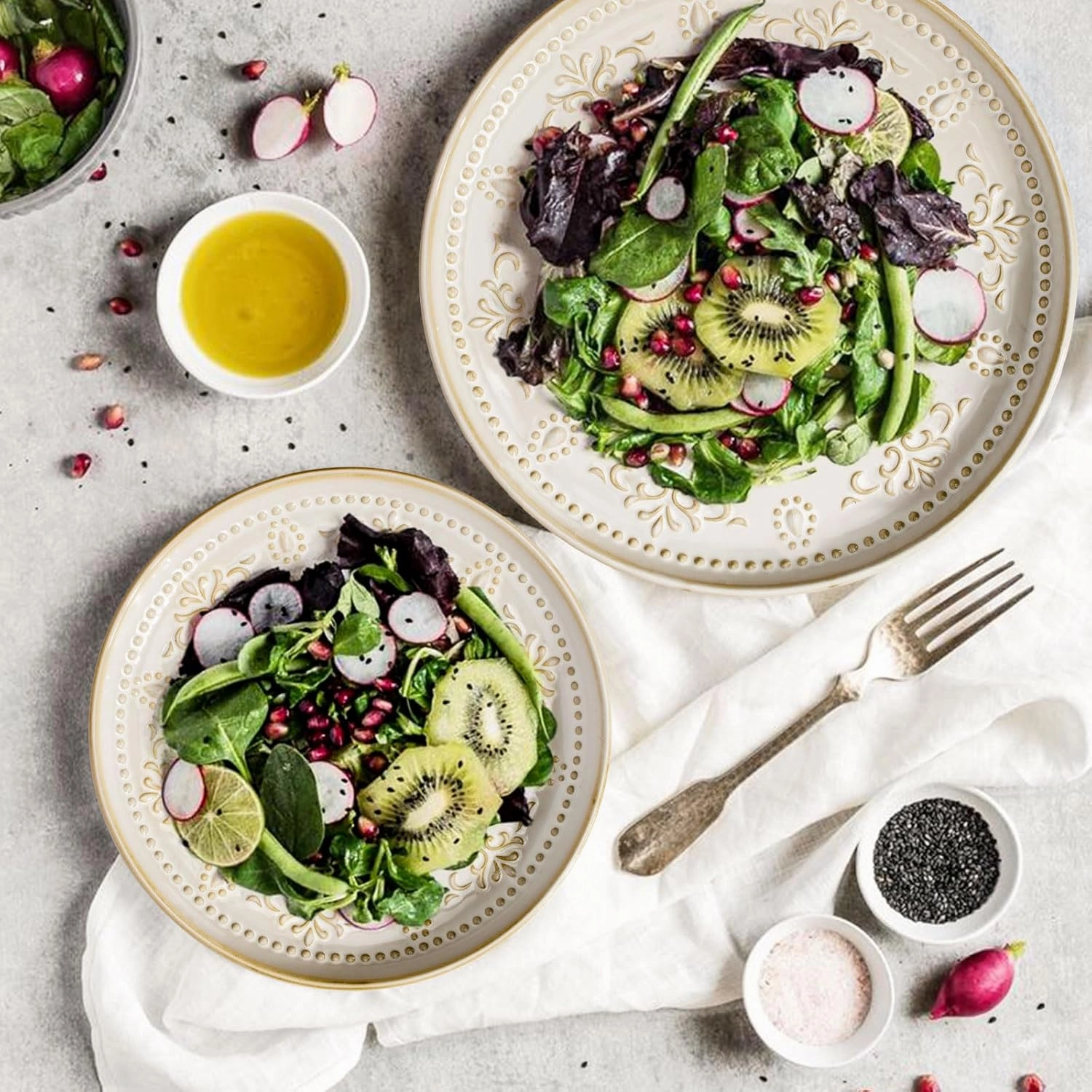 Artena Salad Plates, 8.5 Inch Embossed Ceramic Dinner Plates for Appetizer Dessert, Kitchen Plates With Lipped Edges, Set Of 2, Microwave Oven Dishwasher Safe (Damask Floral)