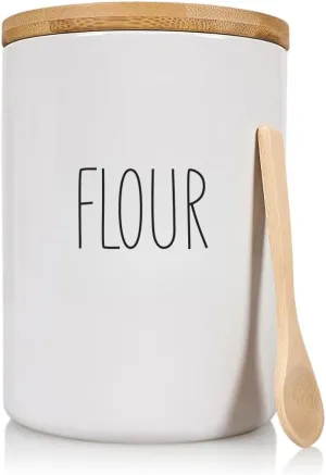 Arthausen White Ceramic Storage Jar Canister for Flour - Airtight Bamboo Lid w/Silicone Seal, Spoon - Modern Abstract Art Design for Kitchen Counter or Bathroom - 4 cup / 1080mL