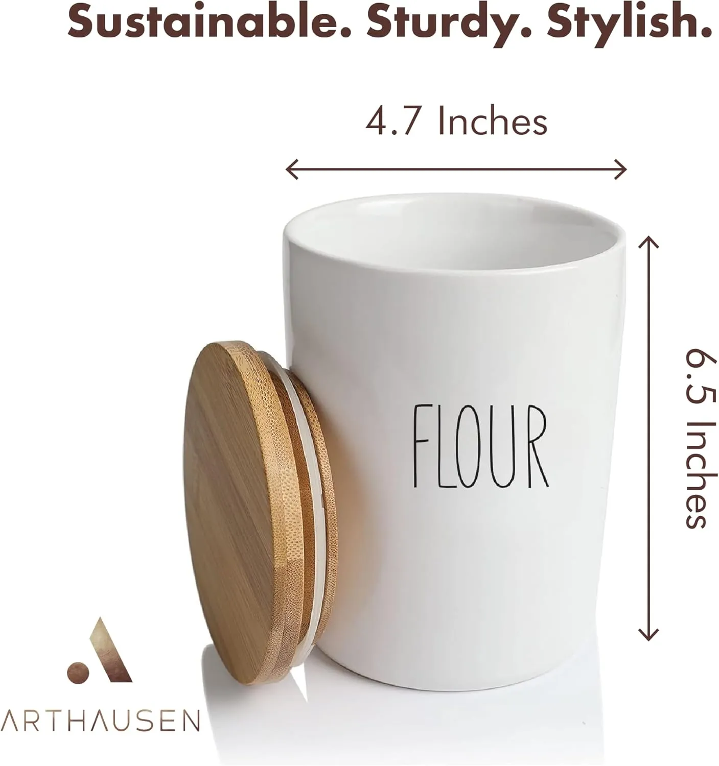 Arthausen White Ceramic Storage Jar Canister for Flour - Airtight Bamboo Lid w/Silicone Seal, Spoon - Modern Abstract Art Design for Kitchen Counter or Bathroom - 4 cup / 1080mL