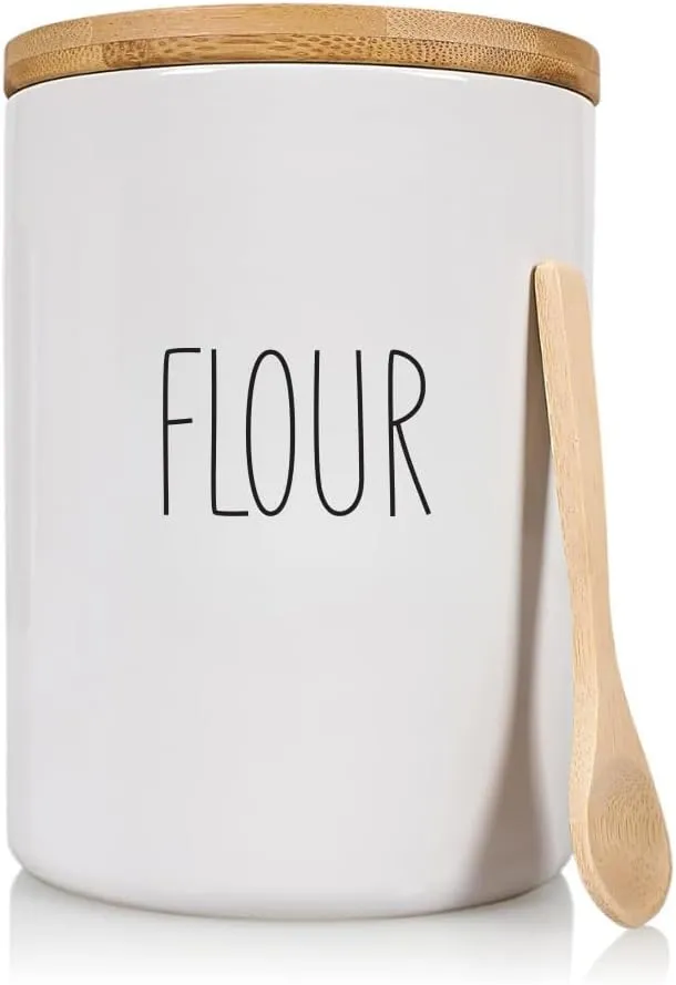 Arthausen White Ceramic Storage Jar Canister for Flour - Airtight Bamboo Lid w/Silicone Seal, Spoon - Modern Abstract Art Design for Kitchen Counter or Bathroom - 4 cup / 1080mL