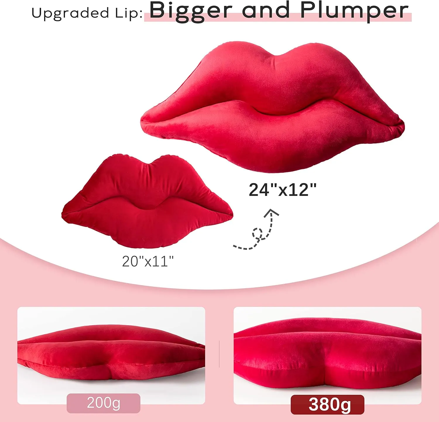Ashler Lips Throw Pillows Smooth Soft Velvet Insert Included Cushion for Couch Bed Living Room, Pink, 24 X 12 inches