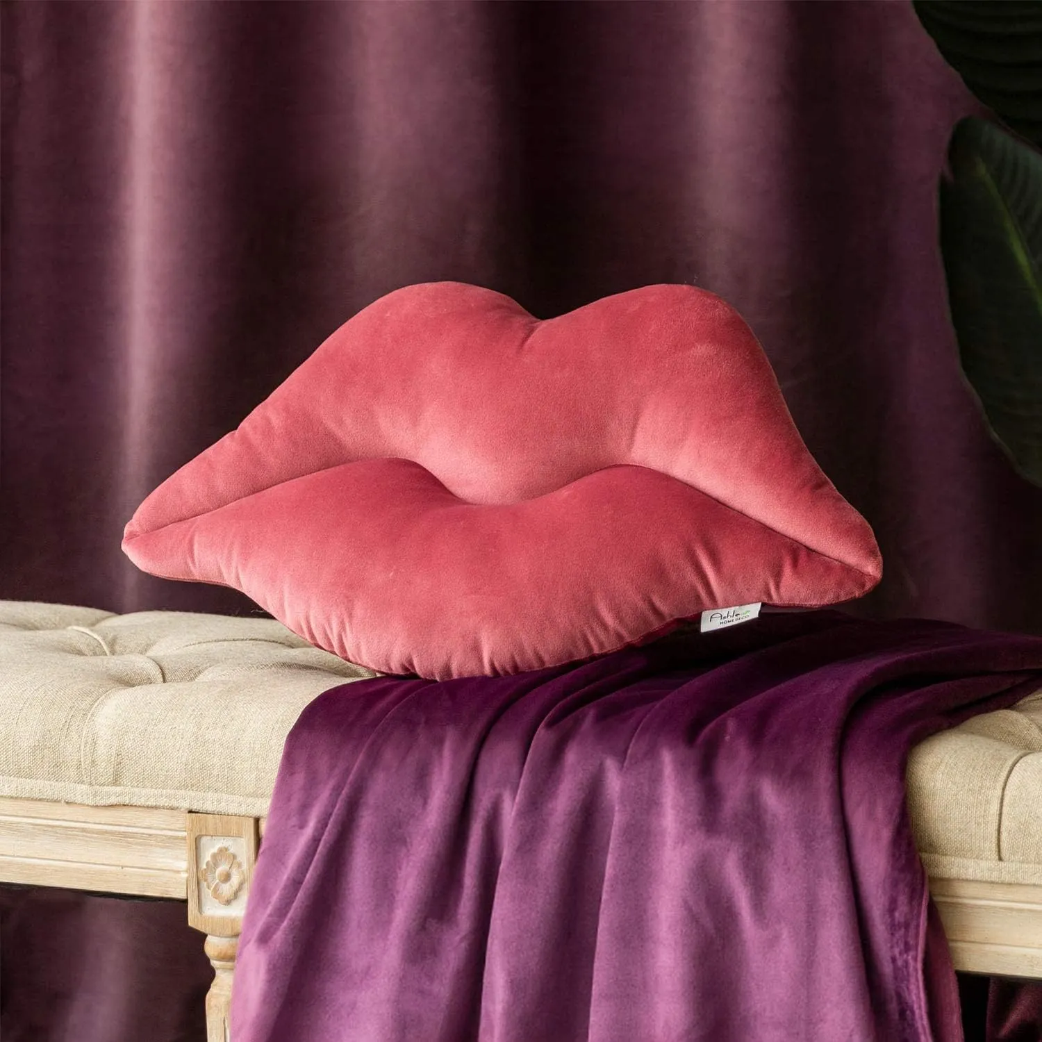 Ashler Lips Throw Pillows Smooth Soft Velvet Insert Included Cushion for Couch Bed Living Room, Pink, 24 X 12 inches