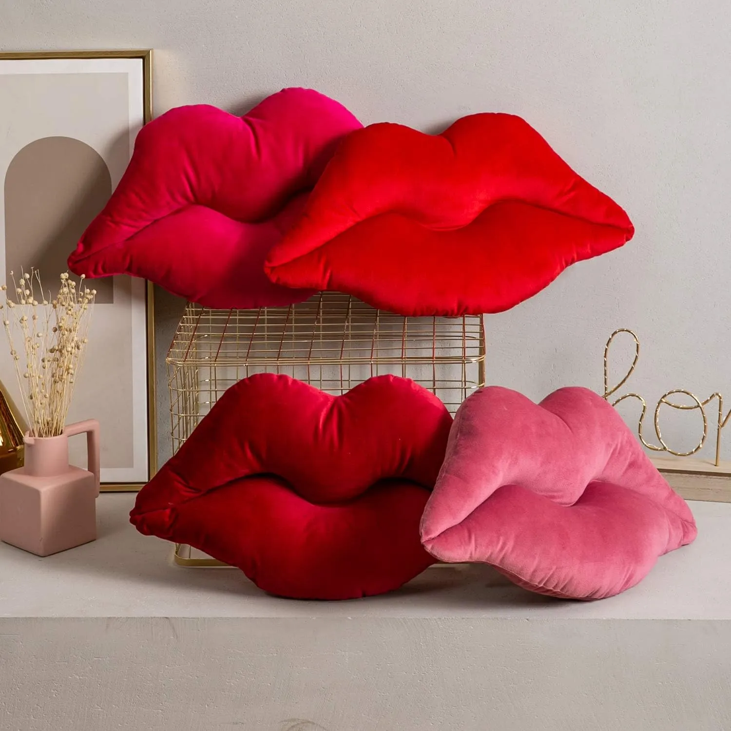 Ashler Lips Throw Pillows Smooth Soft Velvet Insert Included Cushion for Couch Bed Living Room, Pink, 24 X 12 inches