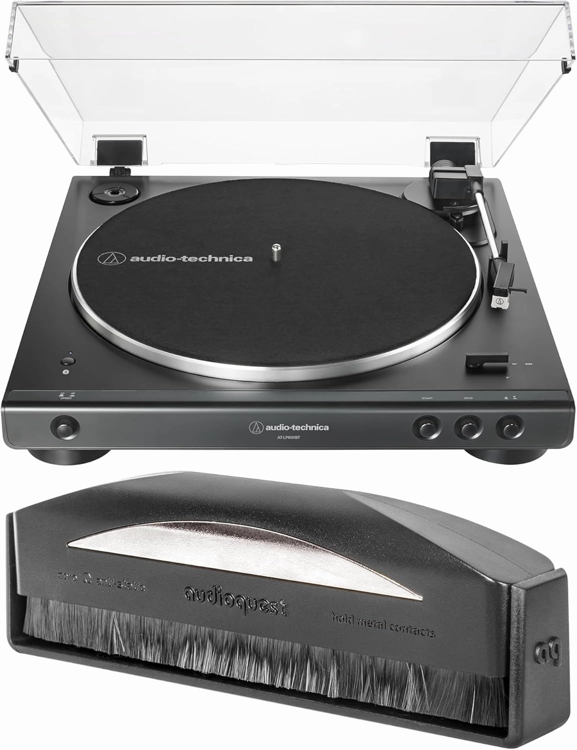 Audio Technica AT-LP120XBT-USB-BK Black Direct Turntable with an AudioQuest AQSLVRRECBRUSH Silver Anti-Static Record Brush (2021)