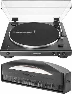 Audio Technica AT-LP120XBT-USB-BK Black Direct Turntable with an AudioQuest AQSLVRRECBRUSH Silver Anti-Static Record Brush (2021)