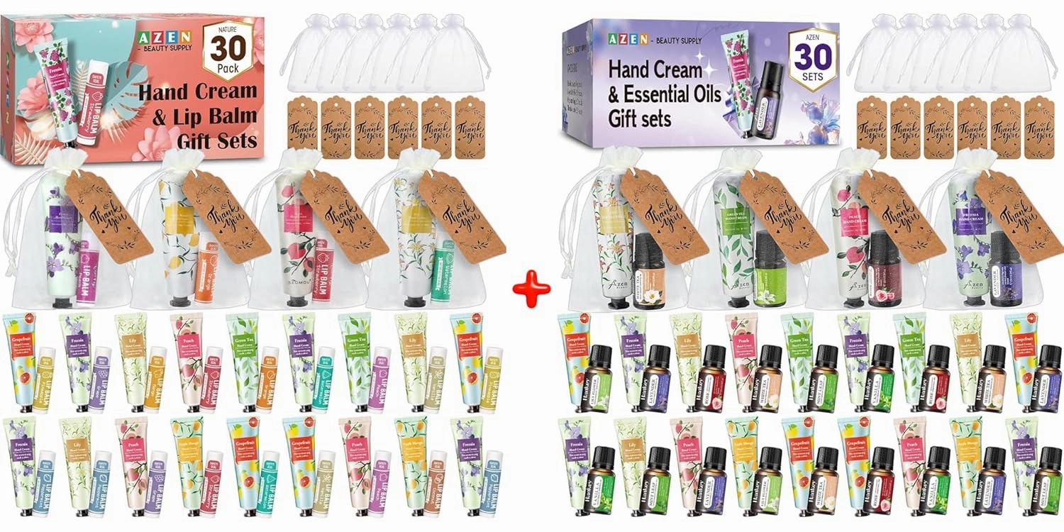 AZEN 30 Sets Hand Cream Bulk and Lip Balm Bulk Set & 30 Sets Hand Cream Bulk and Essential Oils Bulk Set, Bridal Shower Gifts for Guests with Organza Bag Thank You Card