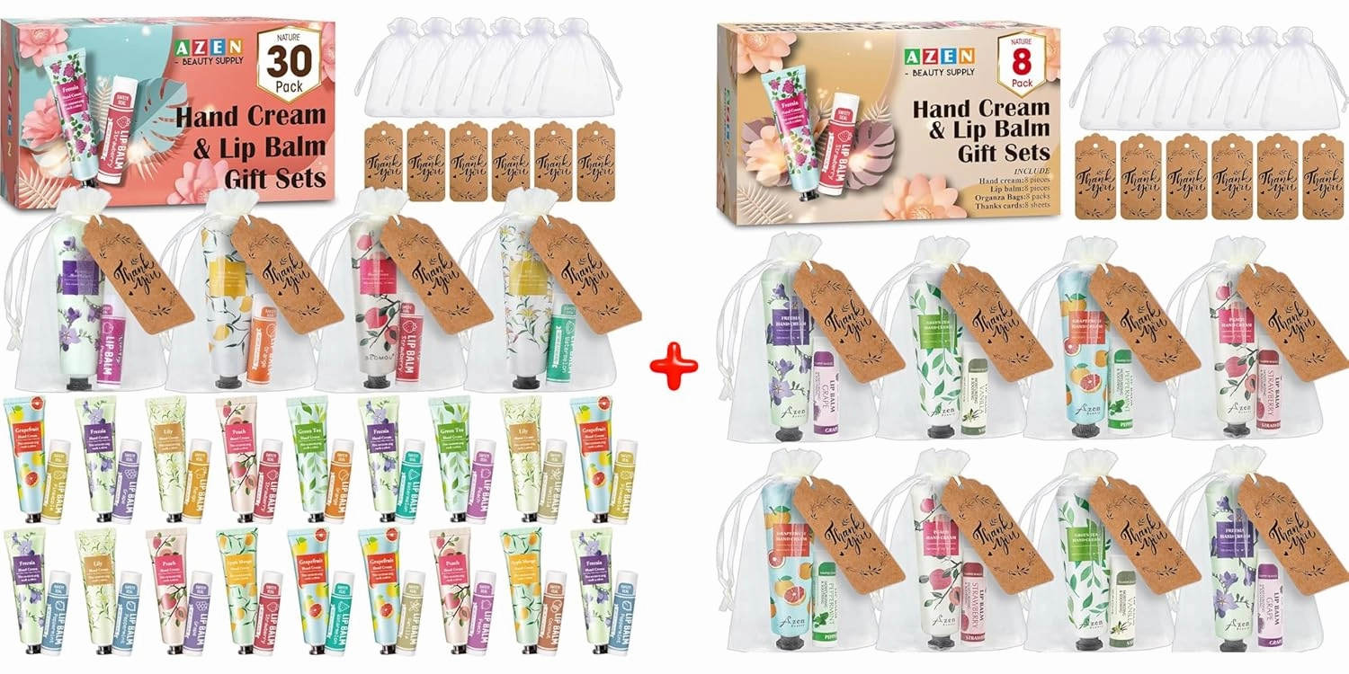 AZEN 38 Sets Bulk Gifts, Hand Cream and Lip Balm Bulk Set with Organza Bag Thank You Card, Baby Shower Wedding Gifts for Guests, Bridal Wedding Favors for Guests (8 Set   30 Set)