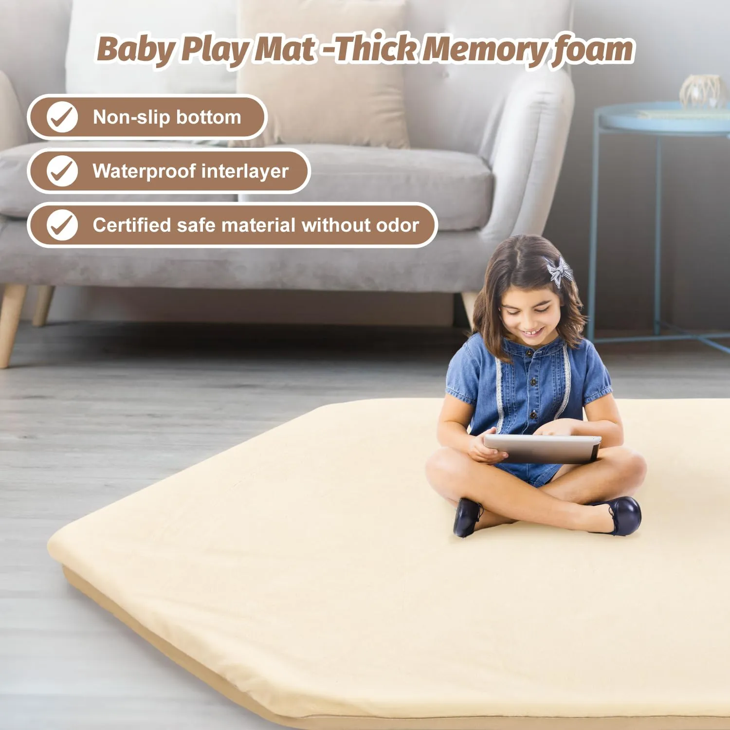 Baby Play Mat, Premium Thick Foam Crawling Soft Mat for Floor, Non-Slip Cushioned Baby Playmat for Infants, Babies, Toddlers, for Living Room (Cream, 52 x 45 in)