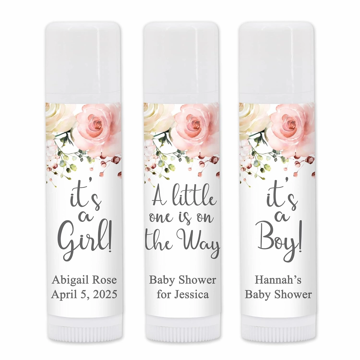 Baby Shower Lip Balm Favor, Personalized Lip Balm Favors, Gender Reveal Baby Shower, Pink and White Floral Themed Baby Shower, Baby Shower Girl - Set of 24