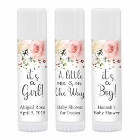 Baby Shower Lip Balm Favor, Personalized Lip Balm Favors, Gender Reveal Baby Shower, Pink and White Floral Themed Baby Shower, Baby Shower Girl - Set of 24