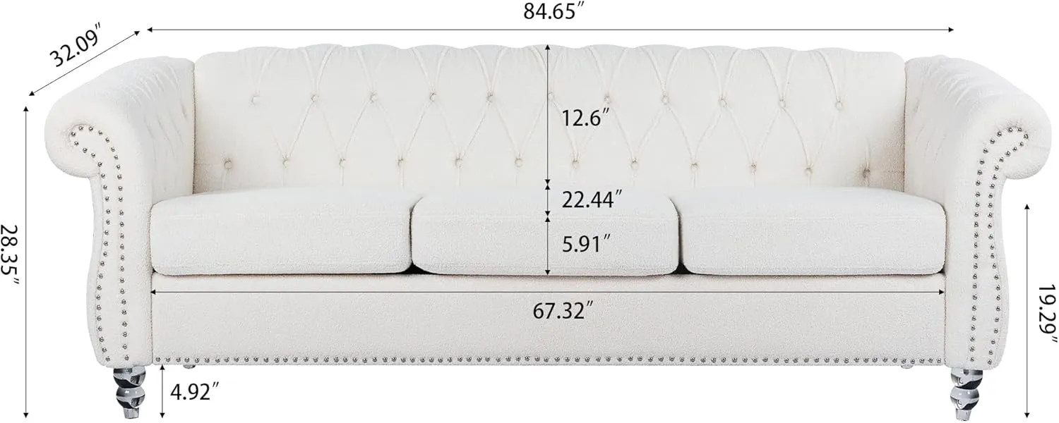 Ball & Cast 84" Chesterfield Sofa with Channel Tufted Seat Back,Classic 3 Seater Couch Removable Square Arm Nailhead Trim and Upholstered,Mid Centuryfor Living Room,Bedroom,Office,White Polyester