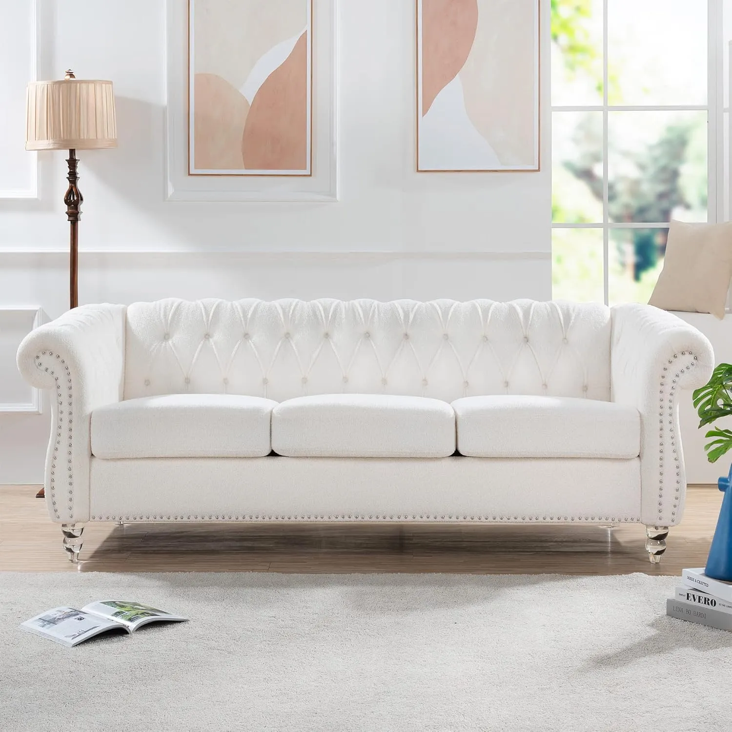 Ball & Cast 84" Chesterfield Sofa with Channel Tufted Seat Back,Classic 3 Seater Couch Removable Square Arm Nailhead Trim and Upholstered,Mid Centuryfor Living Room,Bedroom,Office,White Polyester