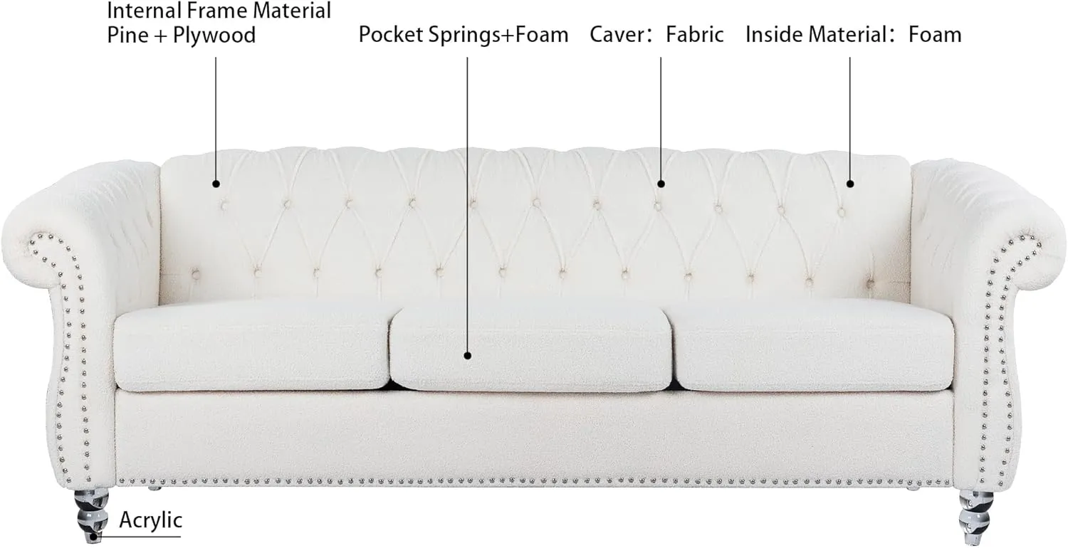 Ball & Cast 84" Chesterfield Sofa with Channel Tufted Seat Back,Classic 3 Seater Couch Removable Square Arm Nailhead Trim and Upholstered,Mid Centuryfor Living Room,Bedroom,Office,White Polyester