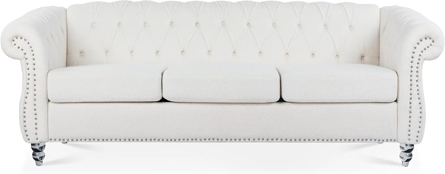 Ball & Cast 84" Chesterfield Sofa with Channel Tufted Seat Back,Classic 3 Seater Couch Removable Square Arm Nailhead Trim and Upholstered,Mid Centuryfor Living Room,Bedroom,Office,White Polyester