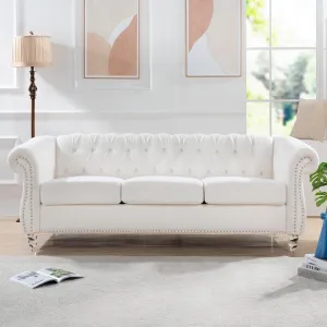 Ball & Cast 84" Chesterfield Sofa with Channel Tufted Seat Back,Classic 3 Seater Couch Removable Square Arm Nailhead Trim and Upholstered,Mid Centuryfor Living Room,Bedroom,Office,White Polyester