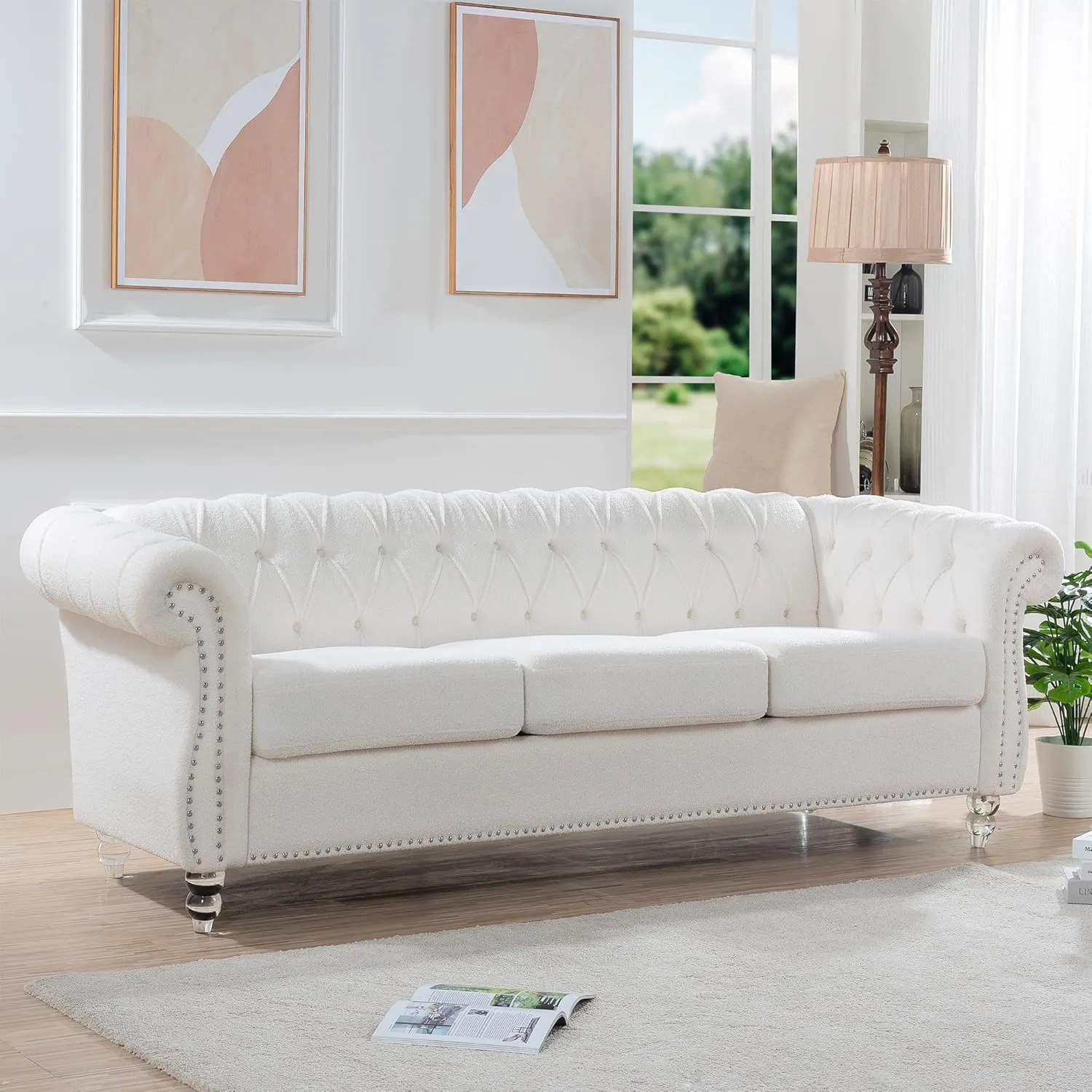 Ball & Cast 84" Chesterfield Sofa with Channel Tufted Seat Back,Classic 3 Seater Couch Removable Square Arm Nailhead Trim and Upholstered,Mid Centuryfor Living Room,Bedroom,Office,White Polyester