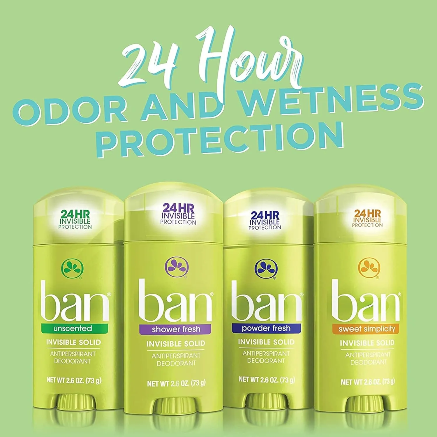 Ban Invisible Solid Antiperspirant Deodorant for Women and Men, 24-Hour Underarm Odor & Sweat Protection, Sweet Simplicity, 2.6 Oz, Pack of 4
