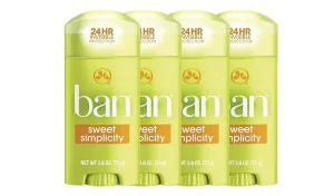 Ban Invisible Solid Antiperspirant Deodorant for Women and Men, 24-Hour Underarm Odor & Sweat Protection, Sweet Simplicity, 2.6 Oz, Pack of 4