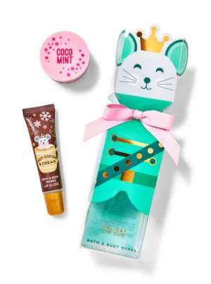 Bath and Body HOT COCOA & CREAM Lip Gloss and COCO MINT Lip Scrub Mini Gift Set 2-pc Travel Size - Limited Edition Holiday Lip Duo with Festive Gift Box/Wrap