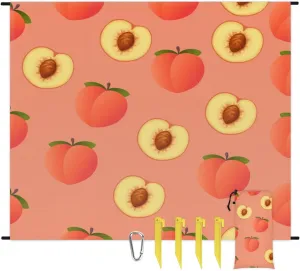 Beach Blanket, Peach Sandproof Beach Mat, Waterproof Quick Drying Sand Free Mat with 4 x Ground Spikes for Outdoor Travel Camping Hiking, Fruit 68 x 59 in
