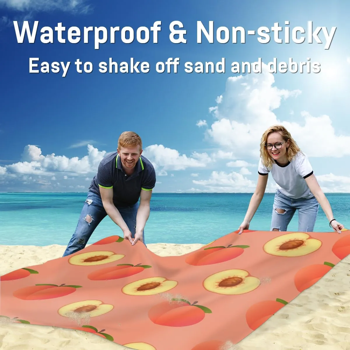 Beach Blanket, Peach Sandproof Beach Mat, Waterproof Quick Drying Sand Free Mat with 4 x Ground Spikes for Outdoor Travel Camping Hiking, Fruit 68 x 59 in