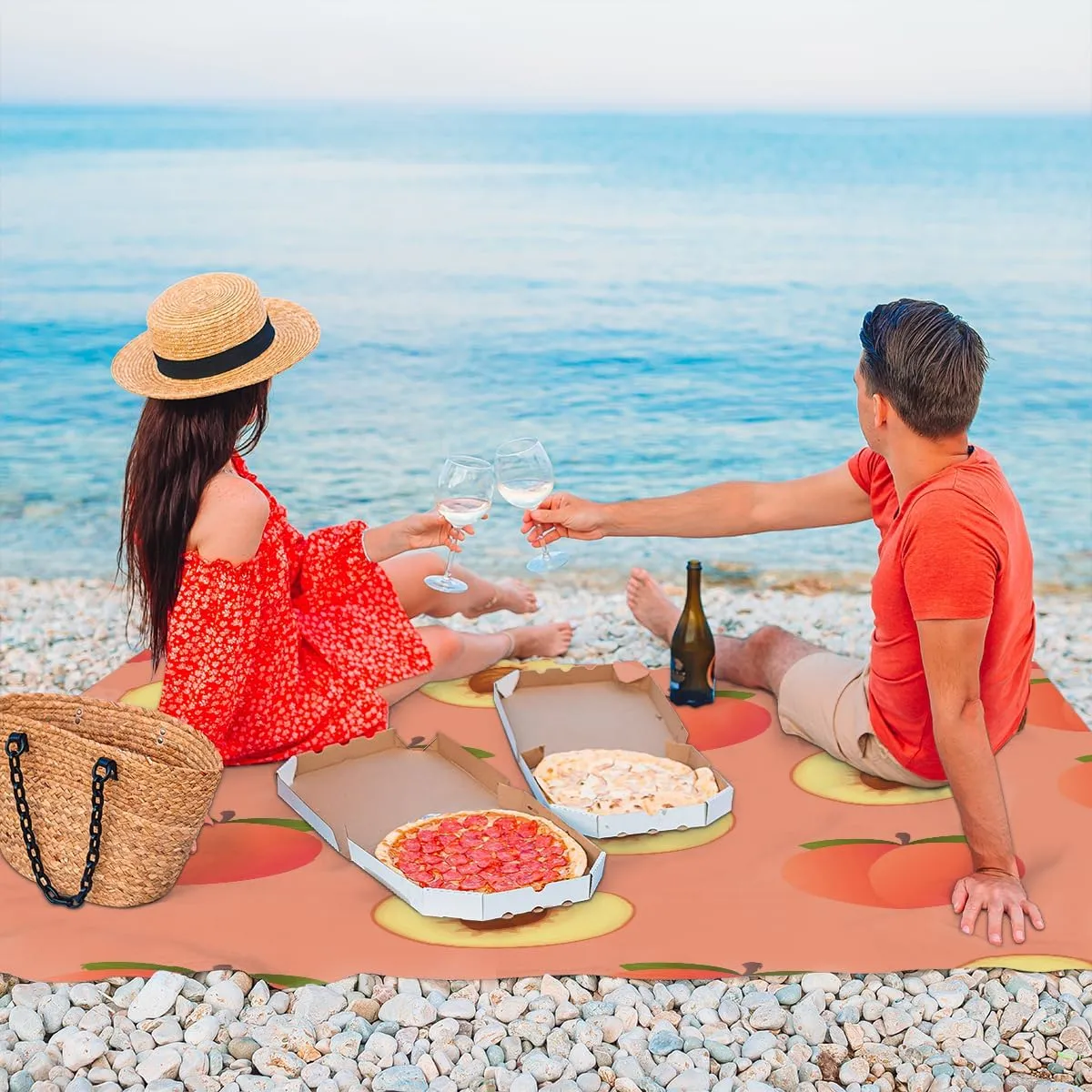Beach Blanket, Peach Sandproof Beach Mat, Waterproof Quick Drying Sand Free Mat with 4 x Ground Spikes for Outdoor Travel Camping Hiking, Fruit 68 x 59 in