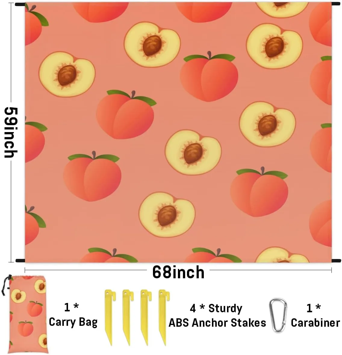 Beach Blanket, Peach Sandproof Beach Mat, Waterproof Quick Drying Sand Free Mat with 4 x Ground Spikes for Outdoor Travel Camping Hiking, Fruit 68 x 59 in