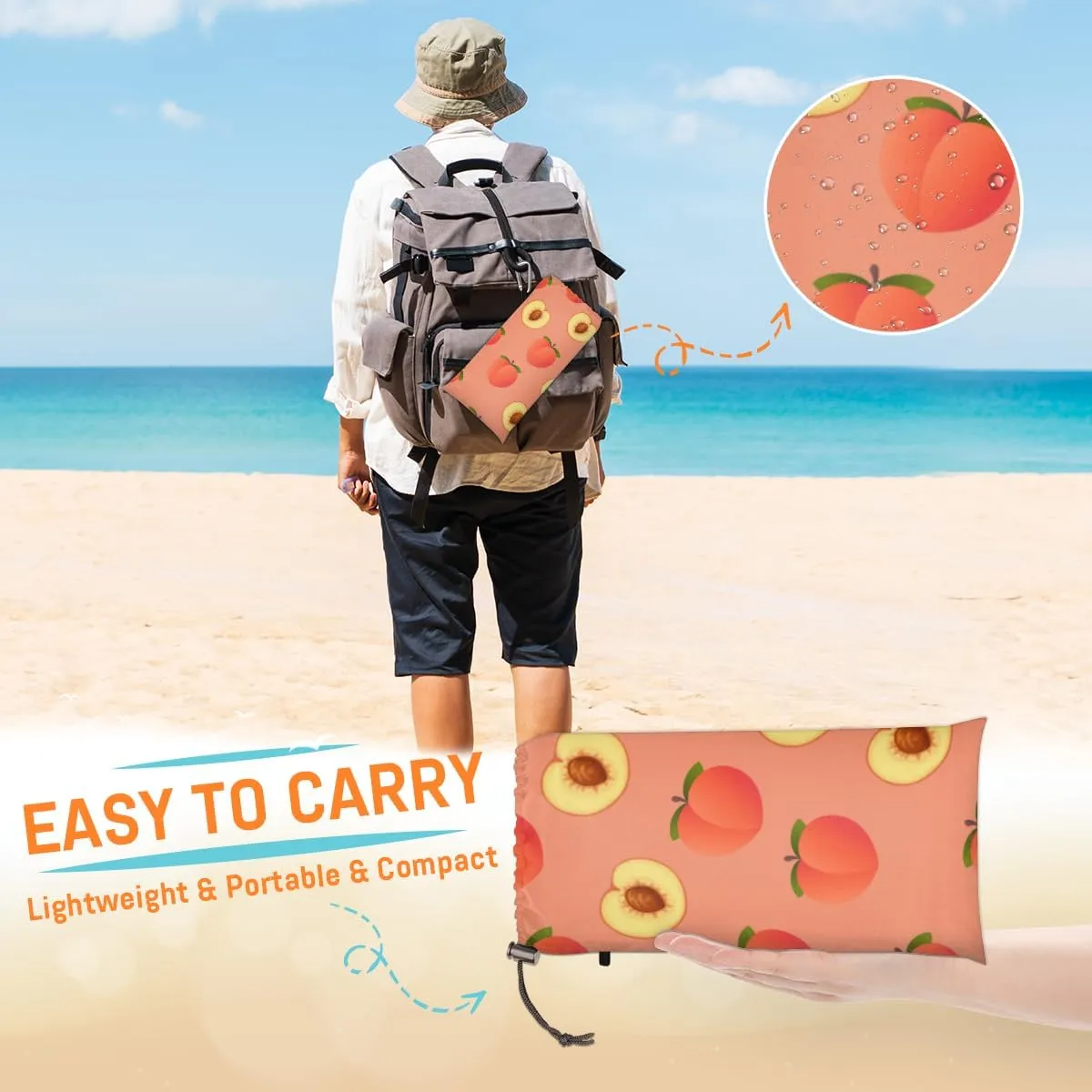 Beach Blanket, Peach Sandproof Beach Mat, Waterproof Quick Drying Sand Free Mat with 4 x Ground Spikes for Outdoor Travel Camping Hiking, Fruit 68 x 59 in