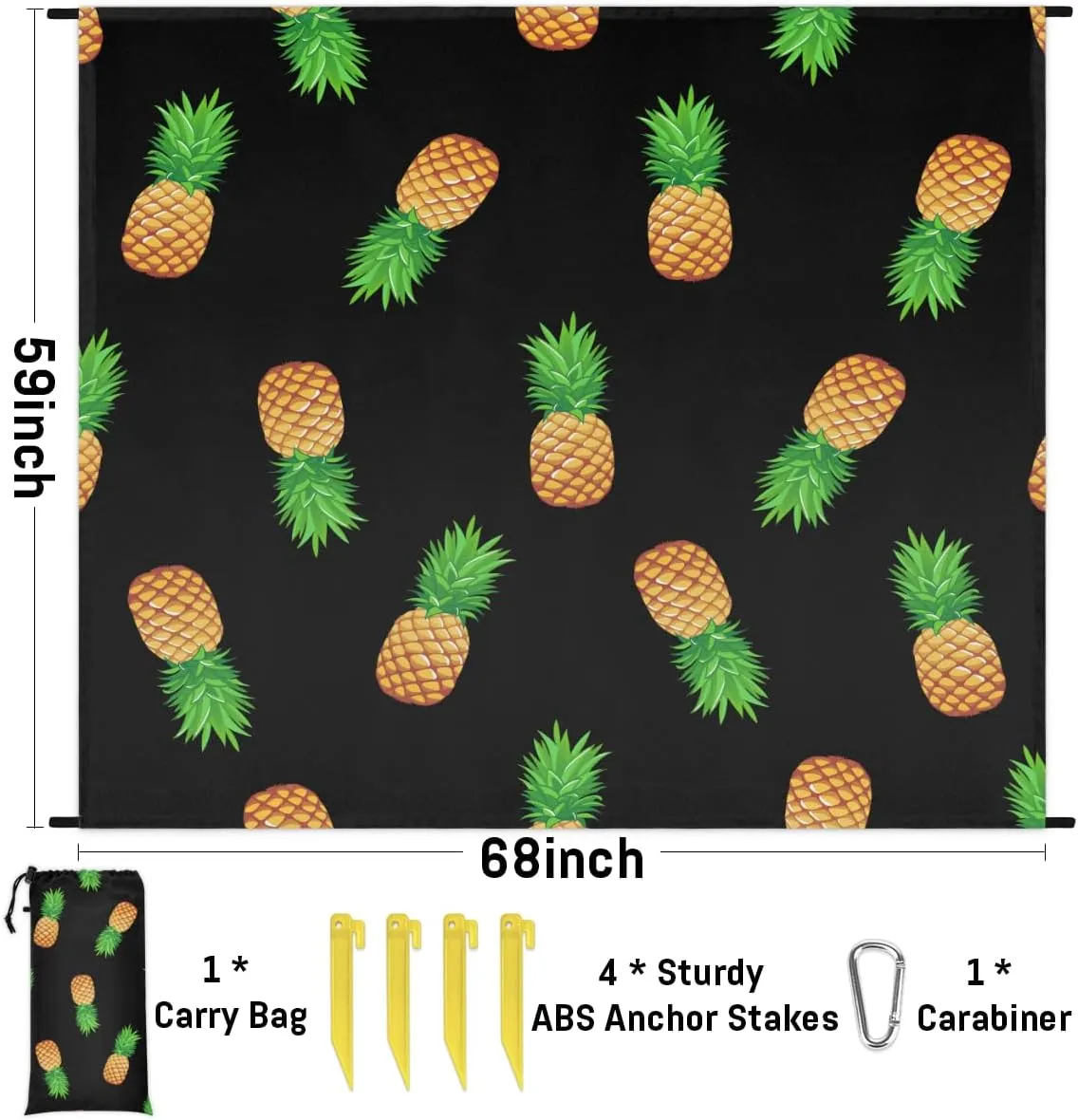 Beach Blanket, Pineapple Print Sandproof Beach Mat, Waterproof Quick Drying Sand Free Mat with 4 x Ground Spikes for Outdoor Travel Camping Hiking, Fruit 68 x 59 in