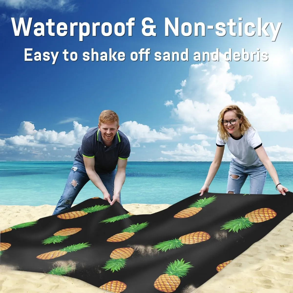 Beach Blanket, Pineapple Print Sandproof Beach Mat, Waterproof Quick Drying Sand Free Mat with 4 x Ground Spikes for Outdoor Travel Camping Hiking, Fruit 68 x 59 in