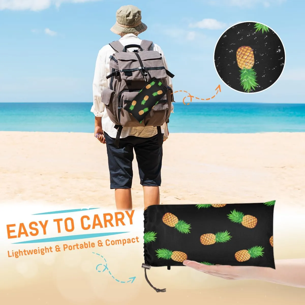 Beach Blanket, Pineapple Print Sandproof Beach Mat, Waterproof Quick Drying Sand Free Mat with 4 x Ground Spikes for Outdoor Travel Camping Hiking, Fruit 68 x 59 in