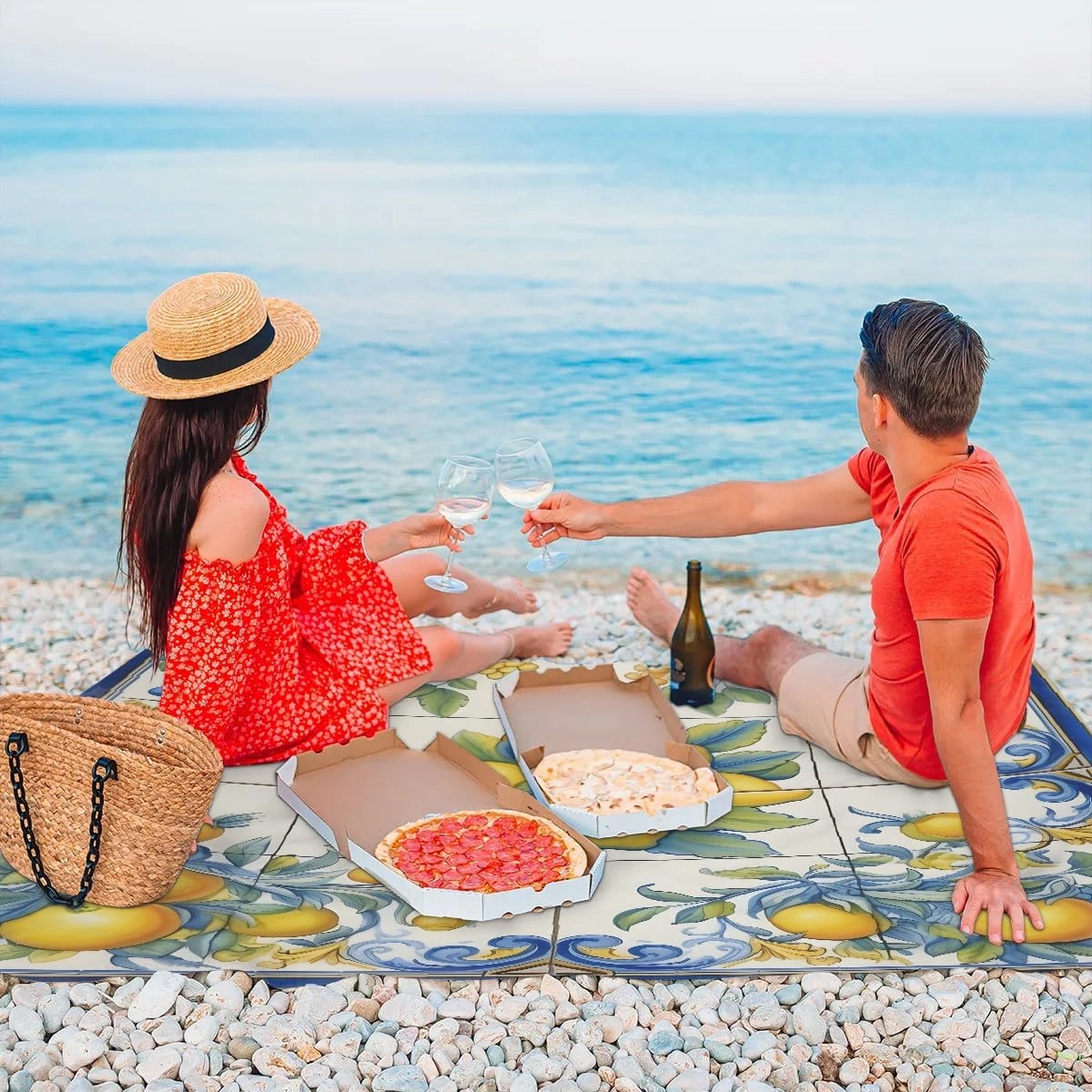 Beach Blanket, Fruit Lemon Sandproof Beach Mat, Waterproof Quick Drying Sand Free Mat with 4 x Ground Spikes for Outdoor Travel Camping Hiking, Lemons 68 x 59 in