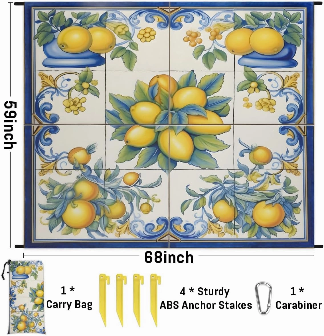 Beach Blanket, Fruit Lemon Sandproof Beach Mat, Waterproof Quick Drying Sand Free Mat with 4 x Ground Spikes for Outdoor Travel Camping Hiking, Lemons 68 x 59 in