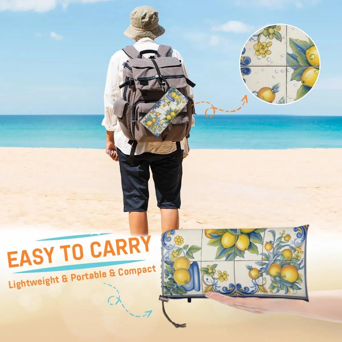 Beach Blanket, Fruit Lemon Sandproof Beach Mat, Waterproof Quick Drying Sand Free Mat with 4 x Ground Spikes for Outdoor Travel Camping Hiking, Lemons 68 x 59 in