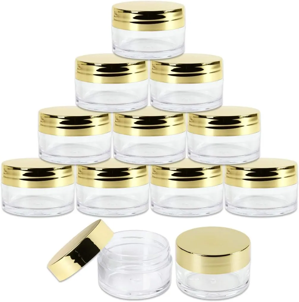 Beauticom 20g/20ml USA Acrylic Round Clear Jars with Lids for Lip Balms, Creams, Make Up, Cosmetics, Samples, Ointments (48 Jars, Metallic Gold)
