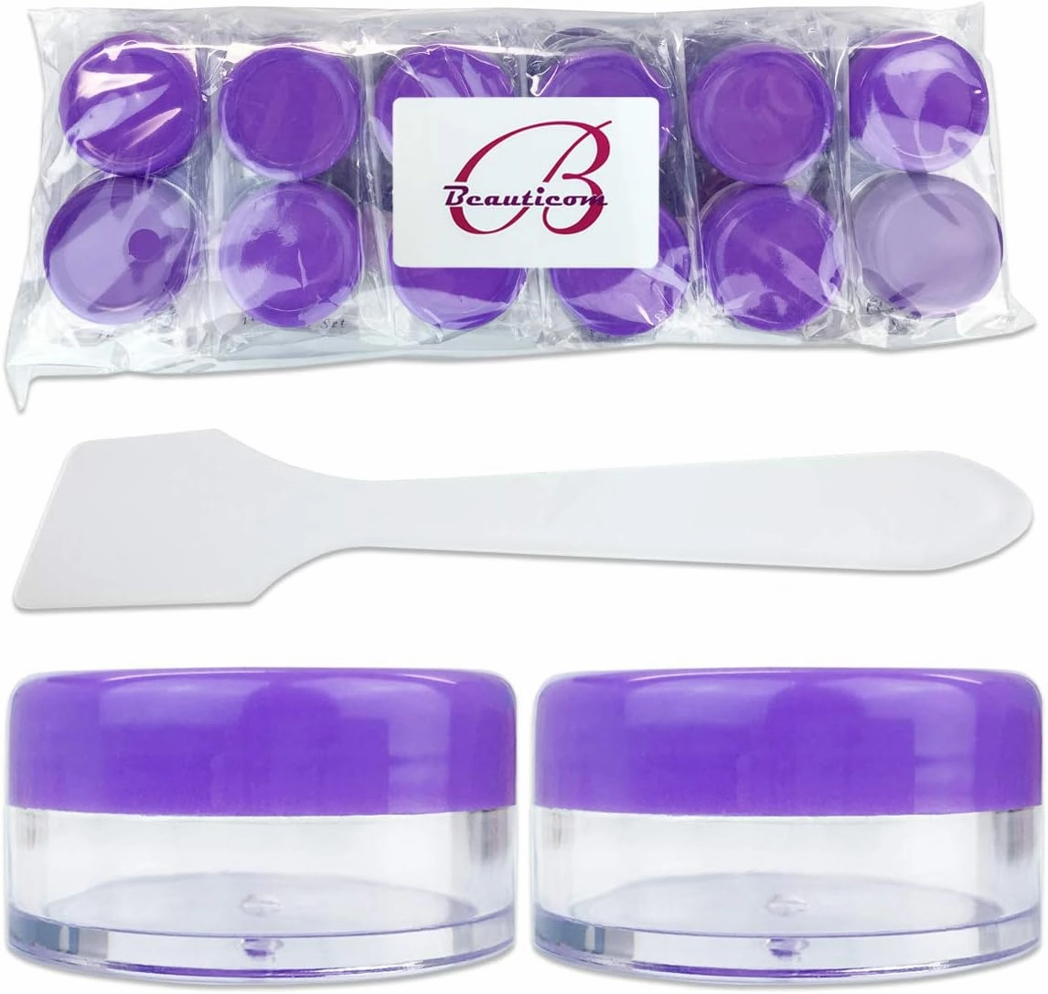 Beauticom® 144 Pieces of PURPLE Clear Plastic Empty Jar 10ml/10g Refillable Cosmetic Cream Eye Shadow Nails Powder Gems Cosmetic Samples Jars (Also Includes 72 Pieces Spatulas)