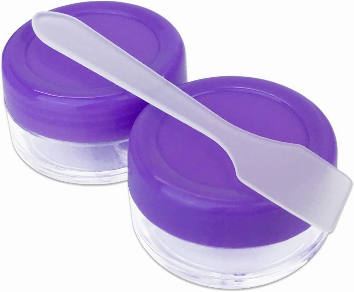 Beauticom® 144 Pieces of PURPLE Clear Plastic Empty Jar 10ml/10g Refillable Cosmetic Cream Eye Shadow Nails Powder Gems Cosmetic Samples Jars (Also Includes 72 Pieces Spatulas)