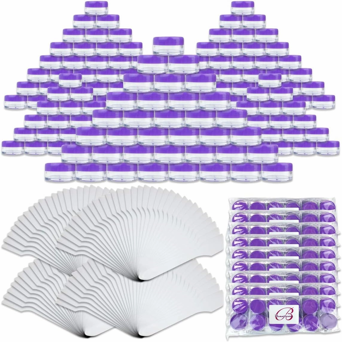 Beauticom® 144 Pieces of PURPLE Clear Plastic Empty Jar 10ml/10g Refillable Cosmetic Cream Eye Shadow Nails Powder Gems Cosmetic Samples Jars (Also Includes 72 Pieces Spatulas)
