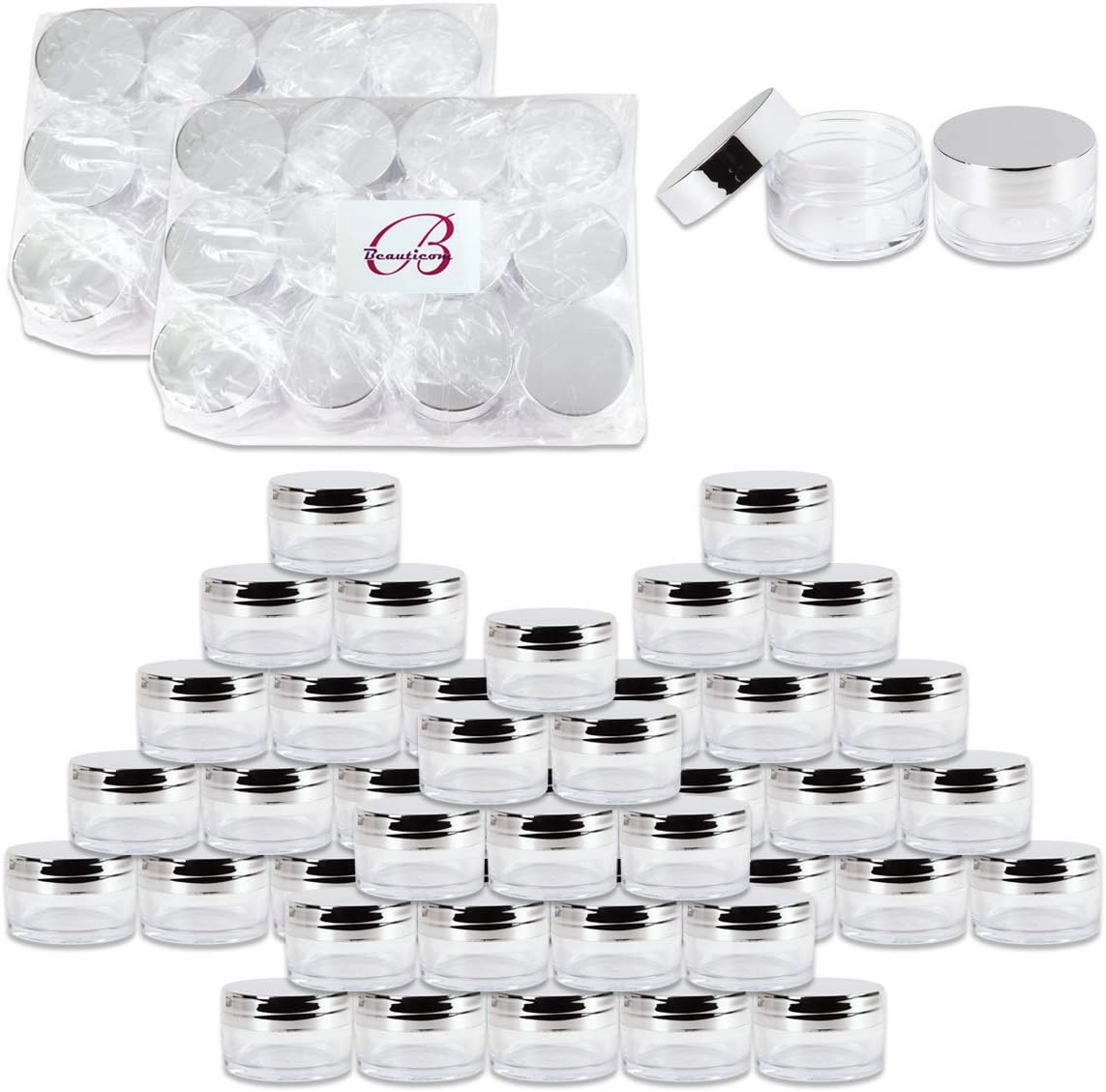 Beauticom 20g/20ml USA Acrylic Round Clear Jars with Lids for Lip Balms, Creams, Make Up, Cosmetics, Samples, Ointments (120 Pieces Jars   Lids, SILVER)