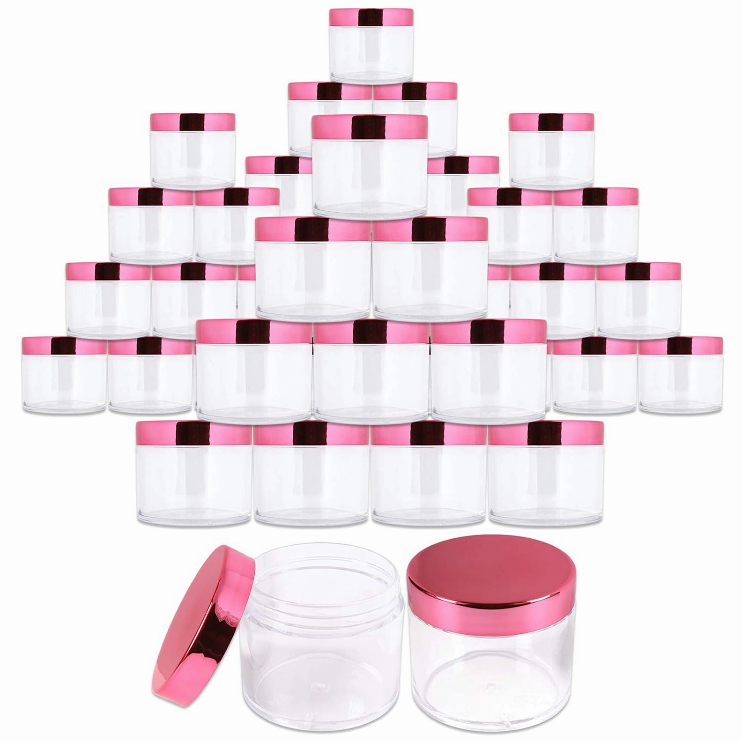 Beauticom 2 oz./ 60 Grams/ 60 ML Thick Wall Round Clear Plastic LEAK-PROOF Jars Container with ROSE GOLD Lids for Cosmetic, Lip Balm, Creams, Lotions, Liquids (384 Jars, Rose Gold)